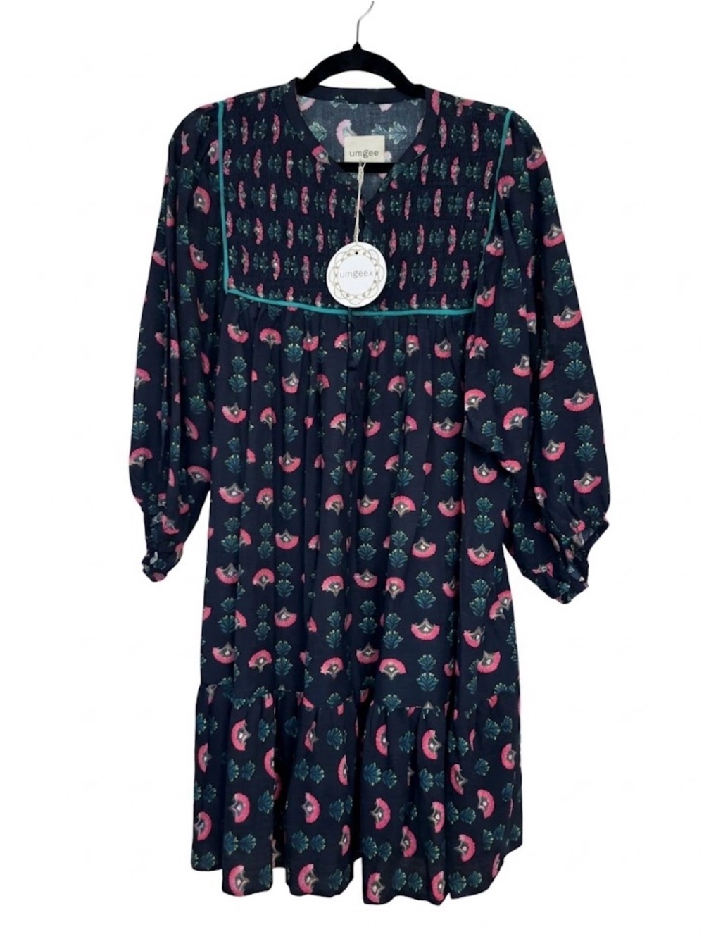 Umgee Navy 2X Boutique Dress with Pink Floral Print and Teal Trim